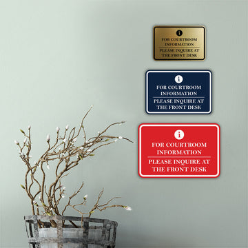 Signs ByLITA Classic Framed For Courtroom Information, Please Inquire at the Front Desk Door or Wall Sign Durable ABS Plastic | Laser Engraved | Easy Installation | Courtroom